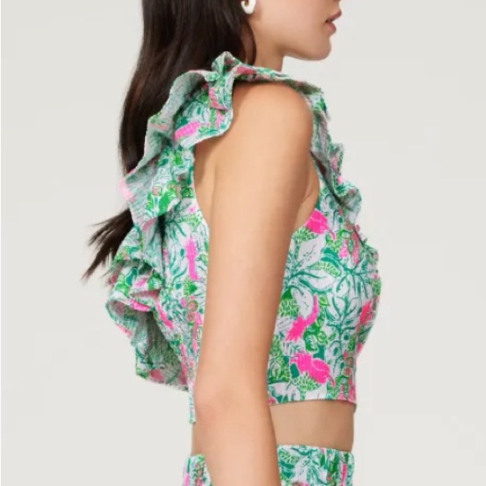 Lilly Pulitzer Kasida Ruffle One Crop Top in Botanical Green Just Wing It - Picture 2 of 11
